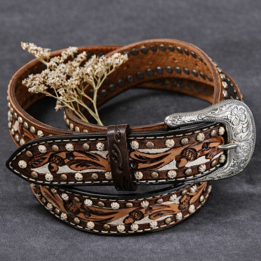Twisted X Western Leather Belt Tooled Floral Studded Brown XL